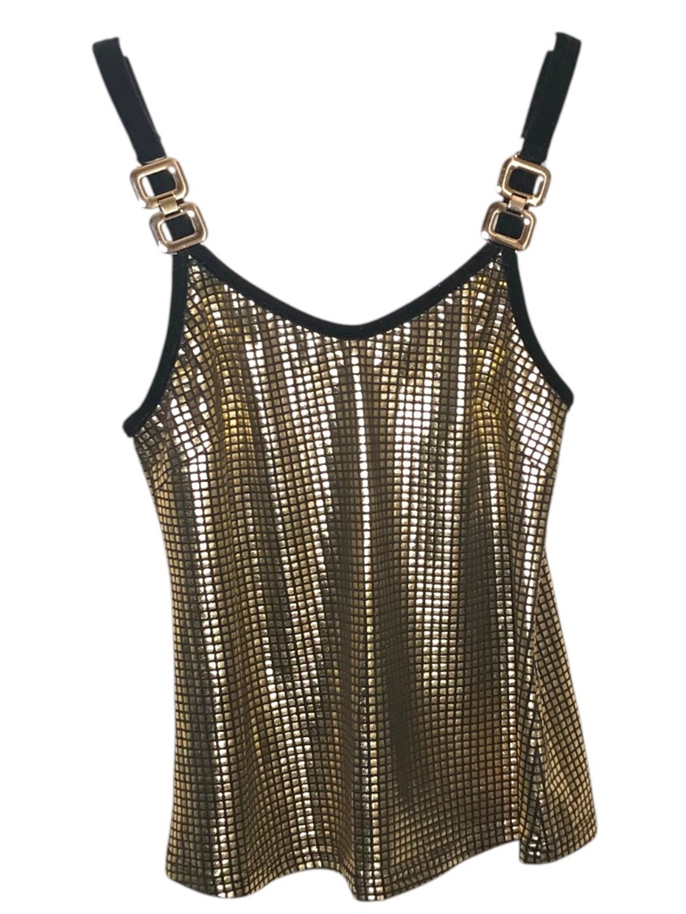 Gold Metallic Disco Cami Tank Top Black Trim Y2K Party Clubwear S